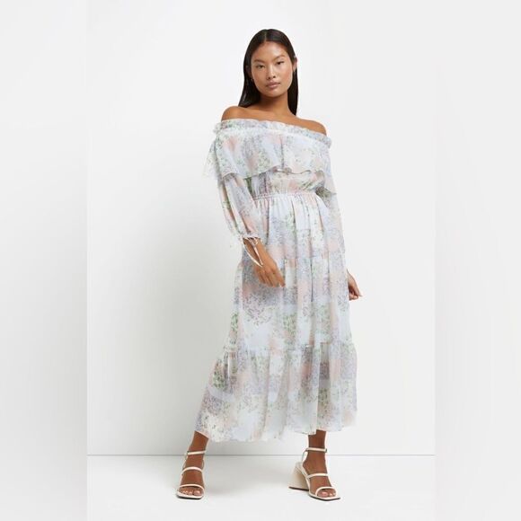 NWT River Island Maxi Blue Dress Petite Floral Bardot Size 2 - Picture 6 of 14